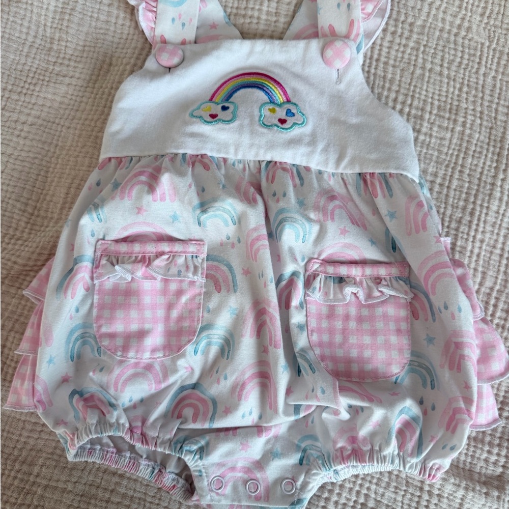 Baby Girls Pink Rainbow Bubble Romper - Rainbow Cloud Embroidery
